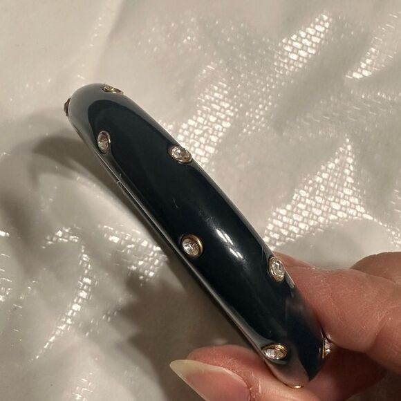 Vintage 50s Black Bakelite (?) Plastic and rhinestone Bangles Bracelets - Picture 2 of 13